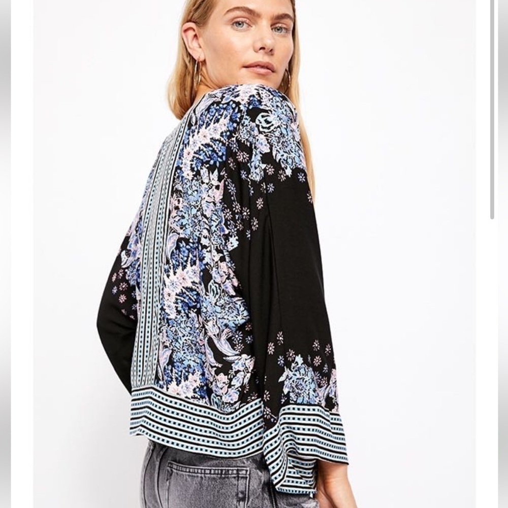 Free People Black Floral Border-Print Peasant Blouse with Blue Accents